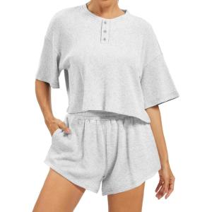 imageAnotherChill Womens Cropped Waffle Knit Lounge Set  Short Sleeve Henley Top and High Waisted Shorts 2 Piece Casual OutfitLightgrey
