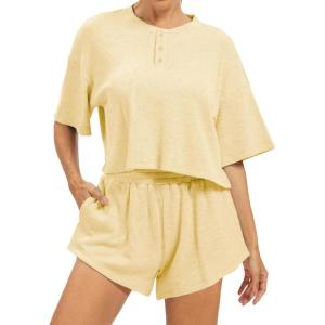imageAnotherChill Womens Cropped Waffle Knit Lounge Set  Short Sleeve Henley Top and High Waisted Shorts 2 Piece Casual OutfitYellow