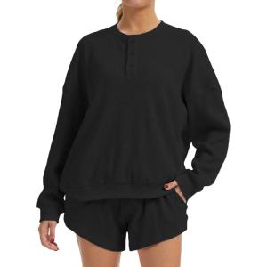 imageAnotherChill Womens Oversized Waffle Knit Lounge Set Long Sleeve Sweatshirt and High Waisted Shorts 2 Piece Casual OutfitBlack