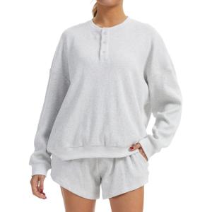 imageAnotherChill Womens Oversized Waffle Knit Lounge Set Long Sleeve Sweatshirt and High Waisted Shorts 2 Piece Casual OutfitLightgrey