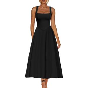 imageKaximil Womens Square Neck Sleeveless A Line Maxi Dress Smocked Ruffle Flowy Casual Long DressesBlack