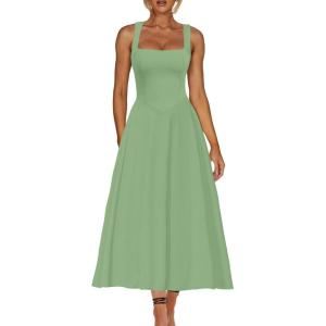 imageKaximil Womens Square Neck Sleeveless A Line Maxi Dress Smocked Ruffle Flowy Casual Long DressesPea Green