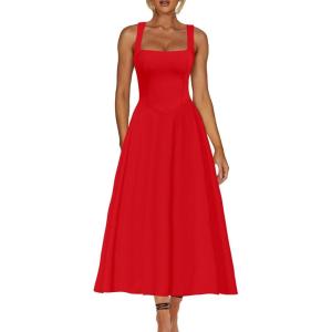 imageKaximil Womens Square Neck Sleeveless A Line Maxi Dress Smocked Ruffle Flowy Casual Long DressesRed