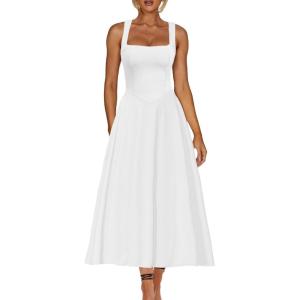 imageKaximil Womens Square Neck Sleeveless A Line Maxi Dress Smocked Ruffle Flowy Casual Long DressesWhite