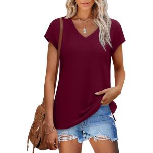 imageSAMPEEL Womens Summer Tops 2025 Cap Sleeve Trendy V Neck Loose Fit T ShirtsPlain Burgundy