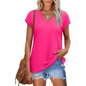 imageSAMPEEL Womens Summer Tops 2025 Cap Sleeve Trendy V Neck Loose Fit T ShirtsPlain Hot Pink