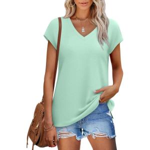 imageSAMPEEL Womens Summer Tops 2025 Cap Sleeve Trendy V Neck Loose Fit T ShirtsPlain Lake Green