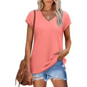 imageSAMPEEL Womens Summer Tops 2025 Cap Sleeve Trendy V Neck Loose Fit T ShirtsPlain Red