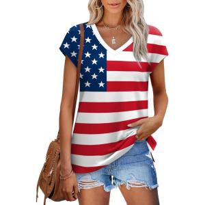 imageSAMPEEL Womens Summer Tops 2025 Cap Sleeve Trendy V Neck Loose Fit T ShirtsStars and Stripes
