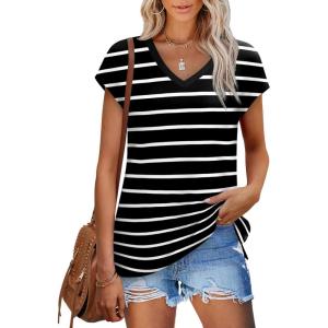 imageSAMPEEL Womens Summer Tops 2025 Cap Sleeve Trendy V Neck Loose Fit T ShirtsStriped Black