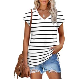imageSAMPEEL Womens Summer Tops 2025 Cap Sleeve Trendy V Neck Loose Fit T ShirtsStriped White