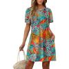 imageSAMPEEL Womens Pleated Front Summer Dresses Casual Short Sleeve T Shirts Dress with Pockets Vacation Beach Cover UpCoconut Leaf
