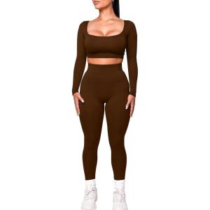 imageKaximil Womens Workout Tracksuit 2 Piece Outfits Long Sleeve Crop Top Legging Pants Matching SetsCoffee