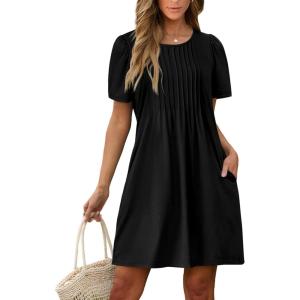 imageSAMPEEL Womens Pleated Front Summer Dresses Casual Short Sleeve T Shirts Dress with Pockets Vacation Beach Cover UpBlack