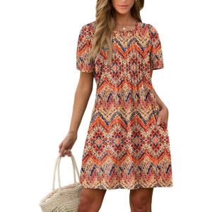 imageSAMPEEL Womens Pleated Front Summer Dresses Casual Short Sleeve T Shirts Dress with Pockets Vacation Beach Cover UpBohemia