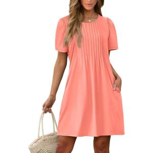 imageSAMPEEL Womens Pleated Front Summer Dresses Casual Short Sleeve T Shirts Dress with Pockets Vacation Beach Cover UpCoral