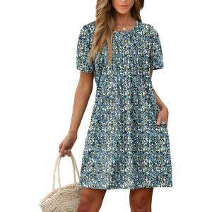 imageSAMPEEL Womens Pleated Front Summer Dresses Casual Short Sleeve T Shirts Dress with Pockets Vacation Beach Cover UpFloral Blue