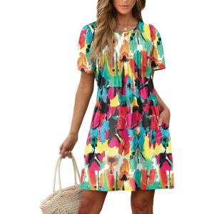 imageSAMPEEL Womens Pleated Front Summer Dresses Casual Short Sleeve T Shirts Dress with Pockets Vacation Beach Cover UpGraffiti
