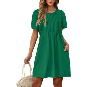imageSAMPEEL Womens Pleated Front Summer Dresses Casual Short Sleeve T Shirts Dress with Pockets Vacation Beach Cover UpGreen