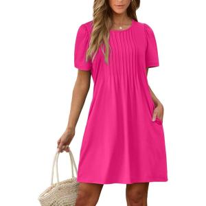imageSAMPEEL Womens Pleated Front Summer Dresses Casual Short Sleeve T Shirts Dress with Pockets Vacation Beach Cover UpHot Pink