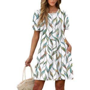 imageSAMPEEL Womens Pleated Front Summer Dresses Casual Short Sleeve T Shirts Dress with Pockets Vacation Beach Cover UpLeaf Print