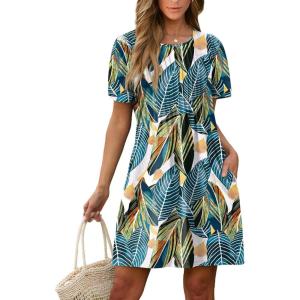 imageSAMPEEL Womens Pleated Front Summer Dresses Casual Short Sleeve T Shirts Dress with Pockets Vacation Beach Cover UpPalm Leaf