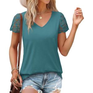 imageSAMPEEL Womens Tshirts Trendy Fashion Tops Lace Short Sleeve Business Tee Shirts Casual Knitted Blouses Summer Outfits 2025Light Blue