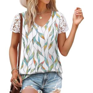 imageSAMPEEL Womens Tshirts Trendy Fashion Tops Lace Short Sleeve Business Tee Shirts Casual Knitted Blouses Summer Outfits 2025Printingleaves