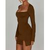 imageKaximil Womens Sexy Bodycon Long Sleeve Dress Square Neck Backless Slit Party Mini DressesCoffee