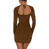 imageKaximil Womens Sexy Bodycon Long Sleeve Dress Square Neck Backless Slit Party Mini DressesCoffee