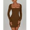 imageKaximil Womens Sexy Bodycon Long Sleeve Dress Square Neck Backless Slit Party Mini DressesCoffee