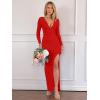 imageKaximil Womens Sexy Long Sleeve Deep V Neck Bodycon Maxi Dress Side Slit Wedding Guest Cocktail Long DressRed