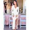 imageKaximil Womens Sexy Long Sleeve Deep V Neck Bodycon Maxi Dress Side Slit Wedding Guest Cocktail Long DressWhite