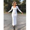 imageKaximil Womens Sexy Long Sleeve Square Neck Bodycon Maxi Dress Split Cocktail Formal Long DressesWhite
