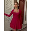 imageKaximil Womens Square Neck Ruffle Hem Mini Dress Ruched Waist Long Sleeve Corset Short Party DressesWine Red