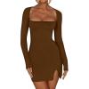 imageKaximil Womens Sexy Bodycon Long Sleeve Dress Square Neck Backless Slit Party Mini DressesCoffee