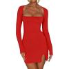 imageKaximil Womens Sexy Bodycon Long Sleeve Dress Square Neck Backless Slit Party Mini DressesRed