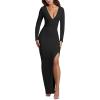 imageKaximil Womens Sexy Long Sleeve Deep V Neck Bodycon Maxi Dress Side Slit Wedding Guest Cocktail Long DressBlack