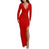 imageKaximil Womens Sexy Long Sleeve Deep V Neck Bodycon Maxi Dress Side Slit Wedding Guest Cocktail Long DressRed