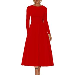 imageKaximil Womens Long Sleeve Corset A Line Maxi Dress Ruffle Ruched Waist Flowy Long DressRed
