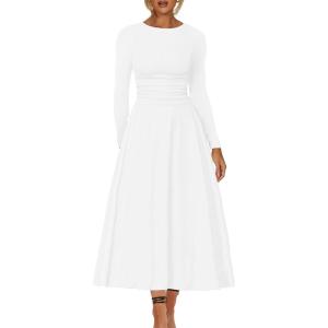 imageKaximil Womens Long Sleeve Corset A Line Maxi Dress Ruffle Ruched Waist Flowy Long DressWhite