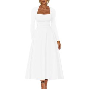 imageKaximil Womens Long Sleeve Square Neck Corset A Line Maxi Dress Ruffle Flowy Formal Long DressesWhite
