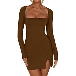imageKaximil Womens Sexy Bodycon Long Sleeve Dress Square Neck Backless Slit Party Mini DressesCoffee