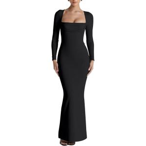 imageKaximil Womens Sexy Long Sleeve Square Neck Bodycon Maxi Dress Split Cocktail Formal Long DressesBlack