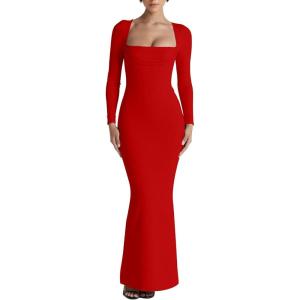 imageKaximil Womens Sexy Long Sleeve Square Neck Bodycon Maxi Dress Split Cocktail Formal Long DressesRed