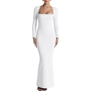 imageKaximil Womens Sexy Long Sleeve Square Neck Bodycon Maxi Dress Split Cocktail Formal Long DressesWhite
