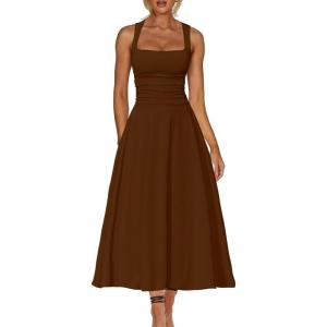 imageKaximil Womens Square Neck Corset A Line Maxi Dress Ruffle Ruched Waist Flowy Long DressesCoffee