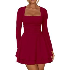 imageKaximil Womens Square Neck Ruffle Hem Mini Dress Ruched Waist Long Sleeve Corset Short Party DressesWine Red