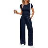 imageTrendy Queen 2 Piece Matching Summer Sweatsuit Lounge Set Womens Wide Leg Pants Side Ruching Crop Top SetsNavy