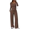 imageTrendy Queen Womens 2 Piece Matching Lounge Sets Long Sleeve Henley Neck Slightly Crop Top Wide Leg Pants Casual Sweat SuitCocoa